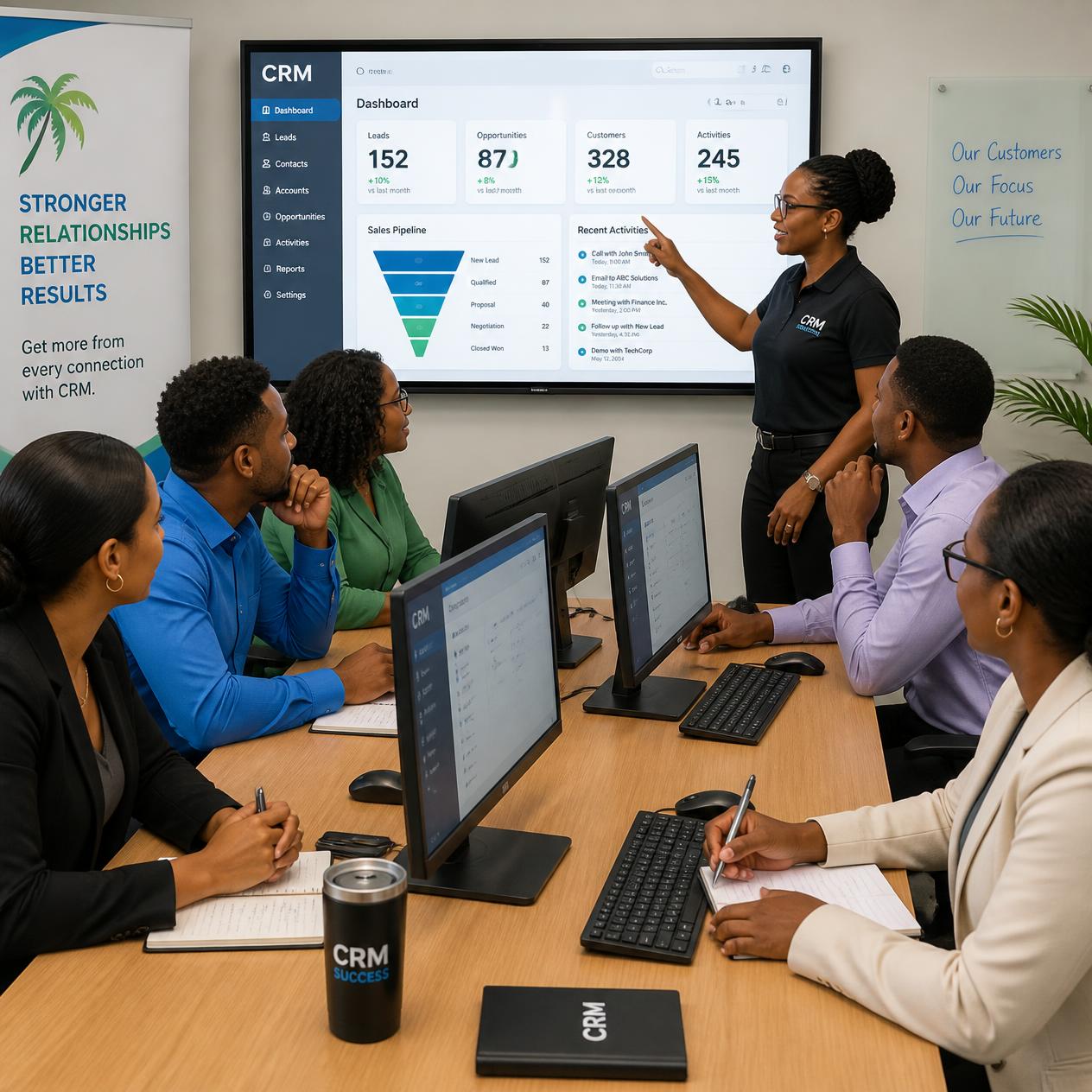 Business team learning CRM software, tracking leads and managing customers